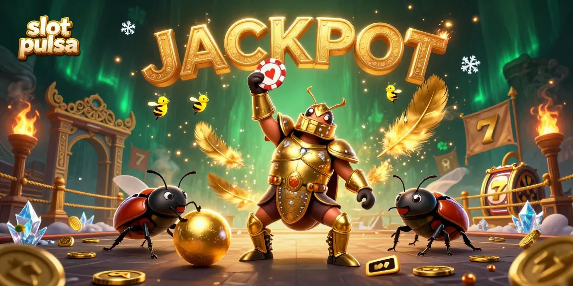 Engage in slot pulsa action, featuring a victorious beetle lifting a poker chip among swirling casino elements.