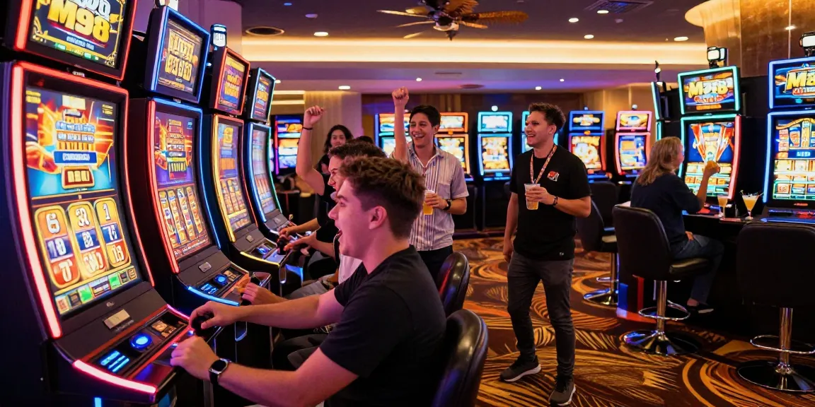 A lively casino scene featuring players engaging with M98 สล๊อตเว็บตรง slot machines, bright lights and vibrant atmosphere.