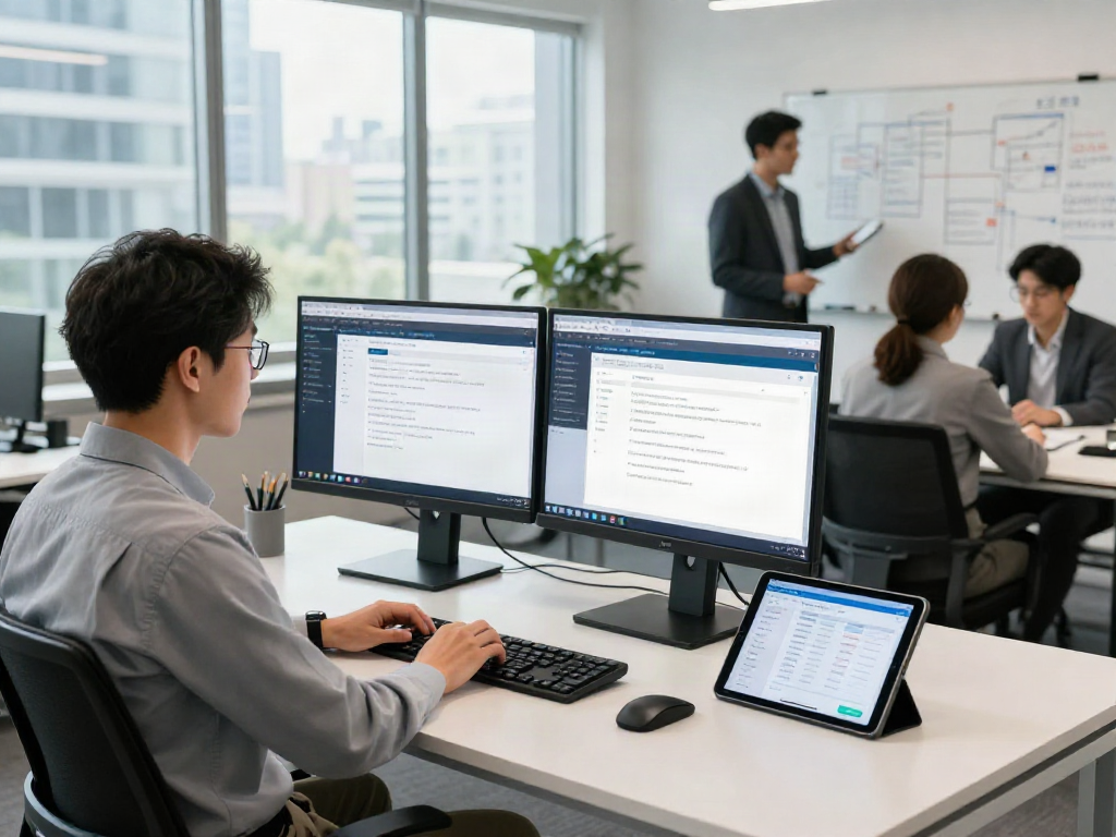 Digital workspace showcasing a document fraud detection solution with expert analyzing data on dual monitors.