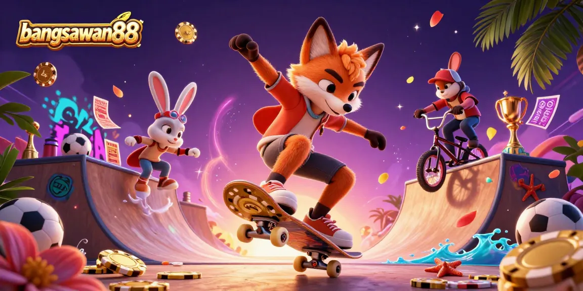 Engage with bangsawan88: Enjoy thrilling sports betting action featuring a skateboarder fox and BMX rabbit.