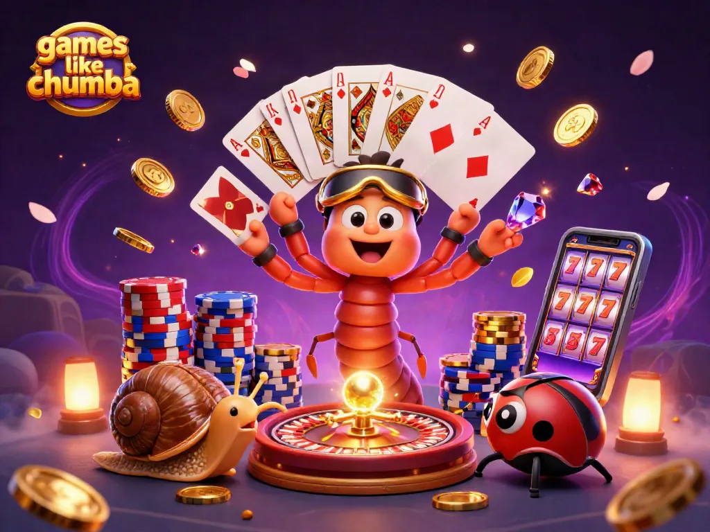 Play exciting games like Chumba with a vibrant 3D casino-themed illustration featuring dynamic characters and elements.