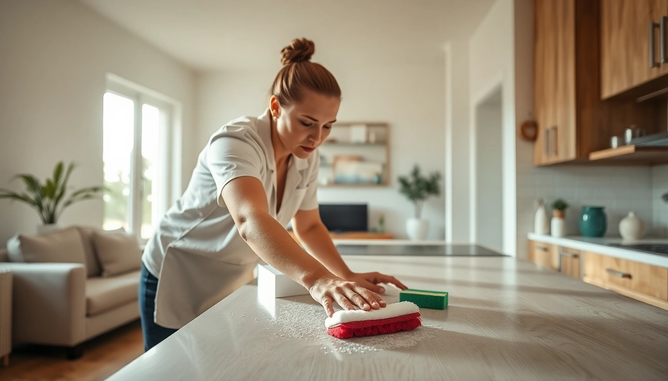 Efficient bond cleaning process highlighting a professional cleaner at work in a bright kitchen.