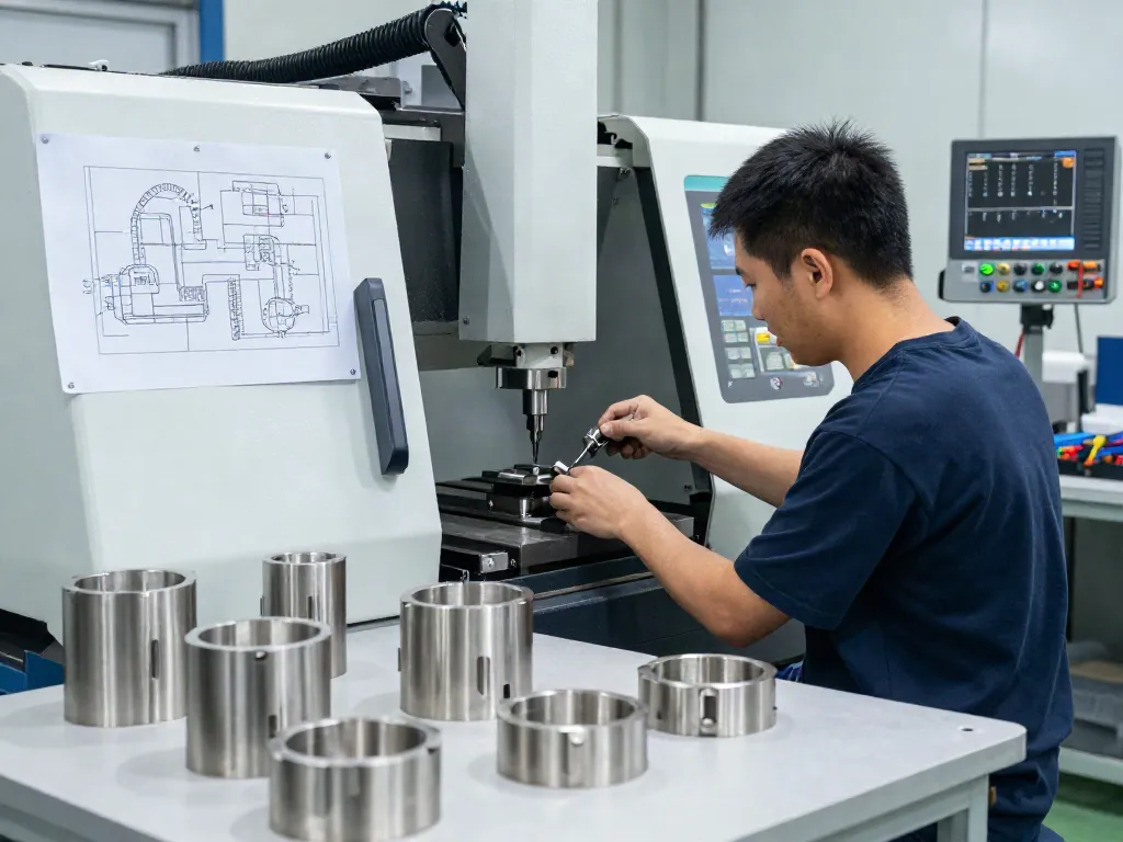 CNC machined stainless steel parts being produced in a modern industrial workshop.