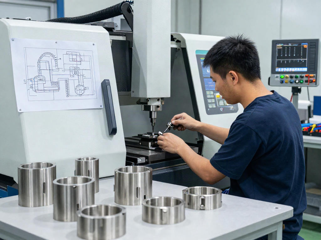 CNC machined stainless steel parts being produced in a modern industrial workshop.