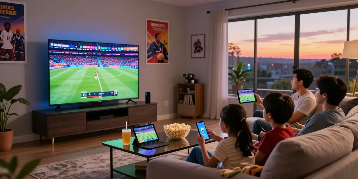 Family enjoying live sports on TV with BlueSharkIPTV in a cozy living room.