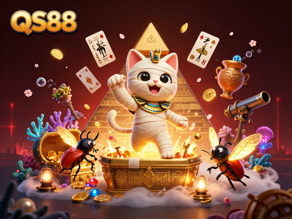 Experience thrilling fun at QS88 with a mummy cat in a casino scene, showcasing dynamic action and glowing treasures.