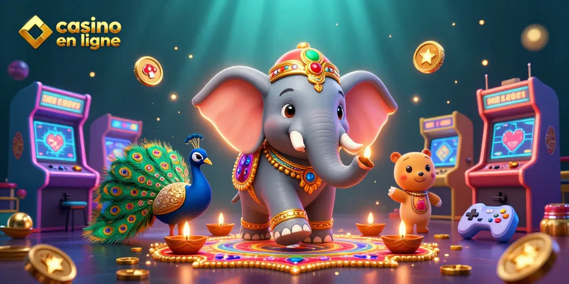 Visuel captivant représentant un éléphant en décorations dorées et un paon dans un environnement de casino en ligne vibrant.