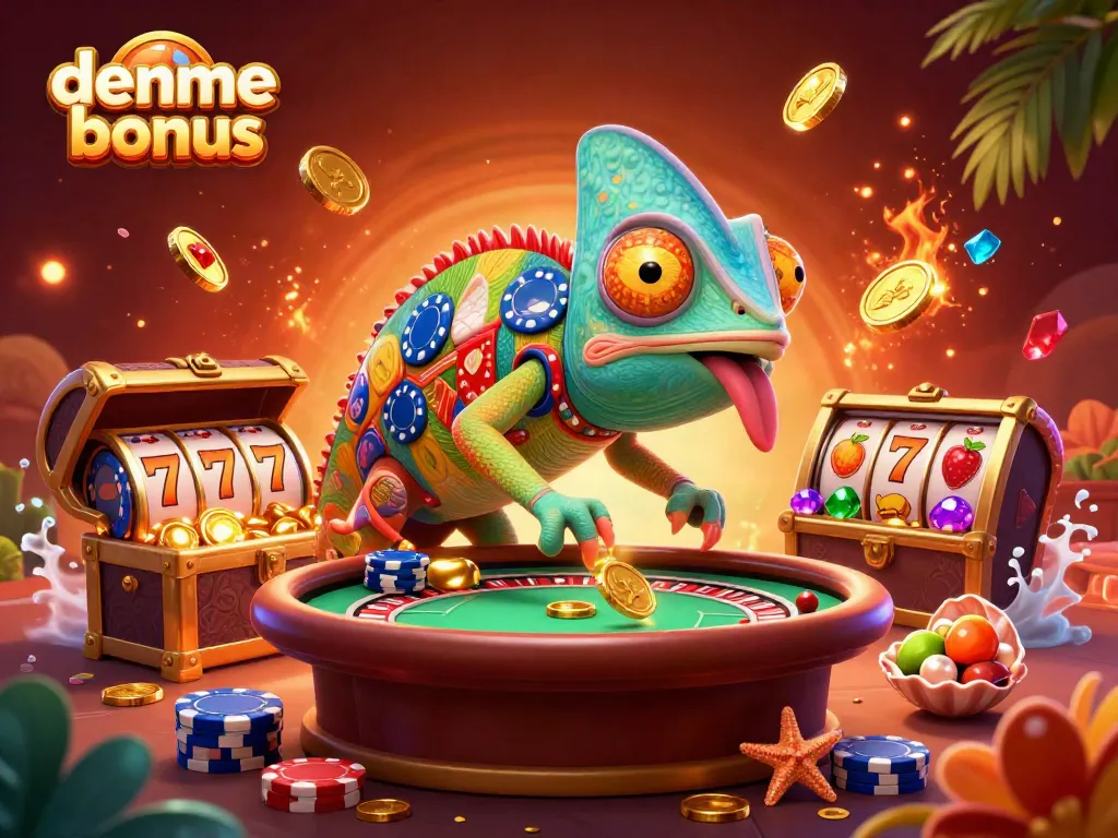 Engage with the exciting deneme bonus scene, featuring vibrant slots and a chameleon casino owner.