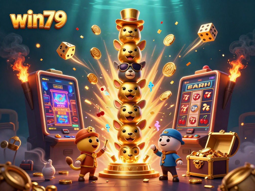 Engage with win79 casino games through a vibrant illustration showing exciting jackpot and treasure elements.