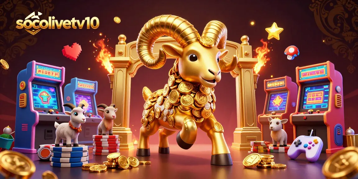 Socolivetv10 showcases a colorful 3D cartoon scene of a golden ram charging through a casino, surrounded by arcade game elements.