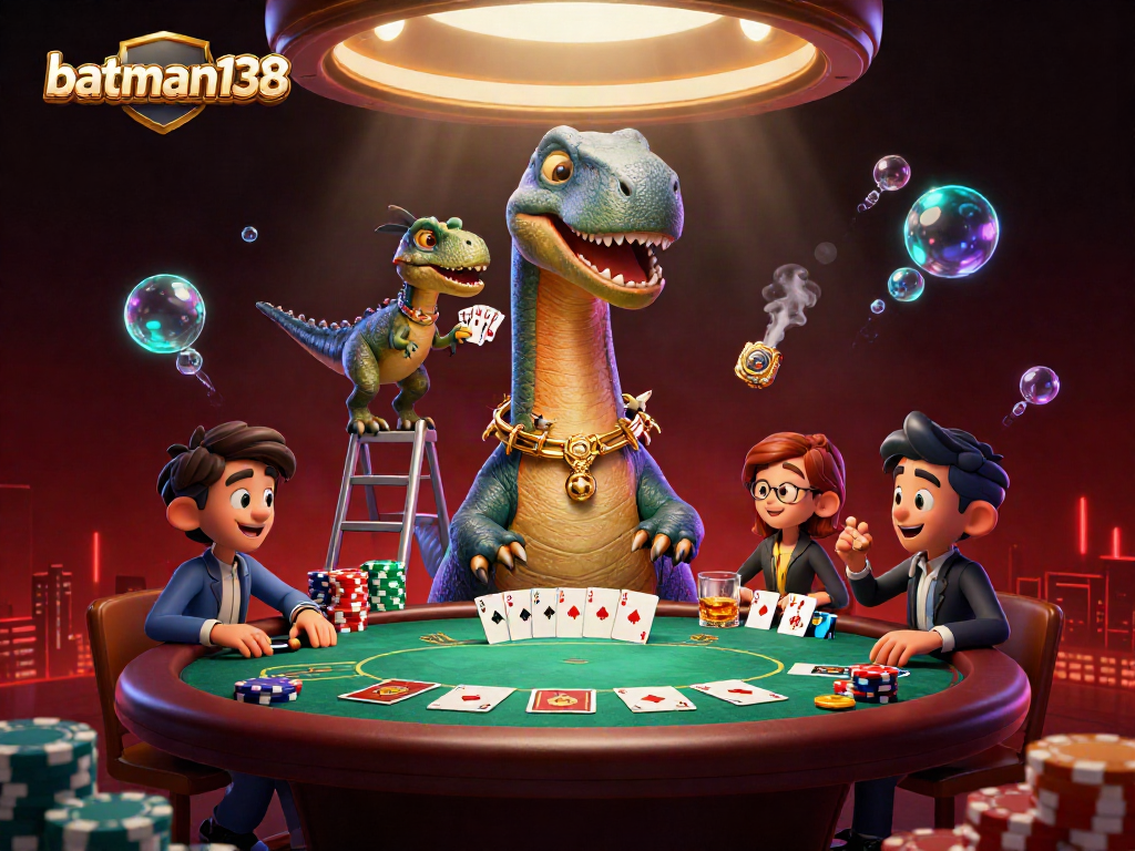 Engage in thrilling poker action with batman138 as a dinosaur dealer looms above