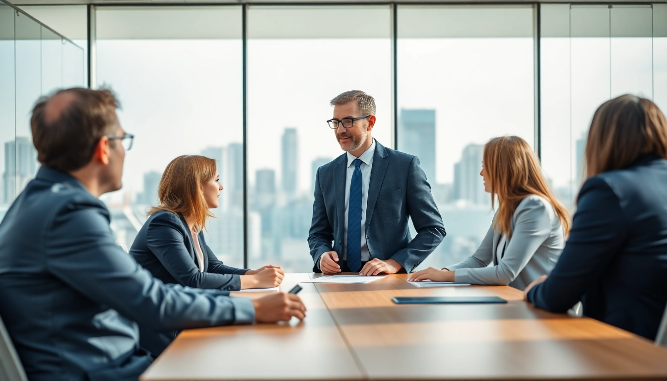 General manager leading a team discussion in a bright office setting