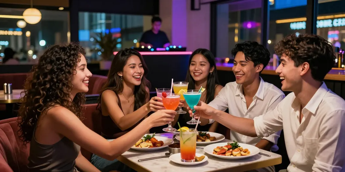 A lively group of friends celebrating at a trendy 유흥사이트 with colorful drinks and appetizers in a vibrant urban lounge.