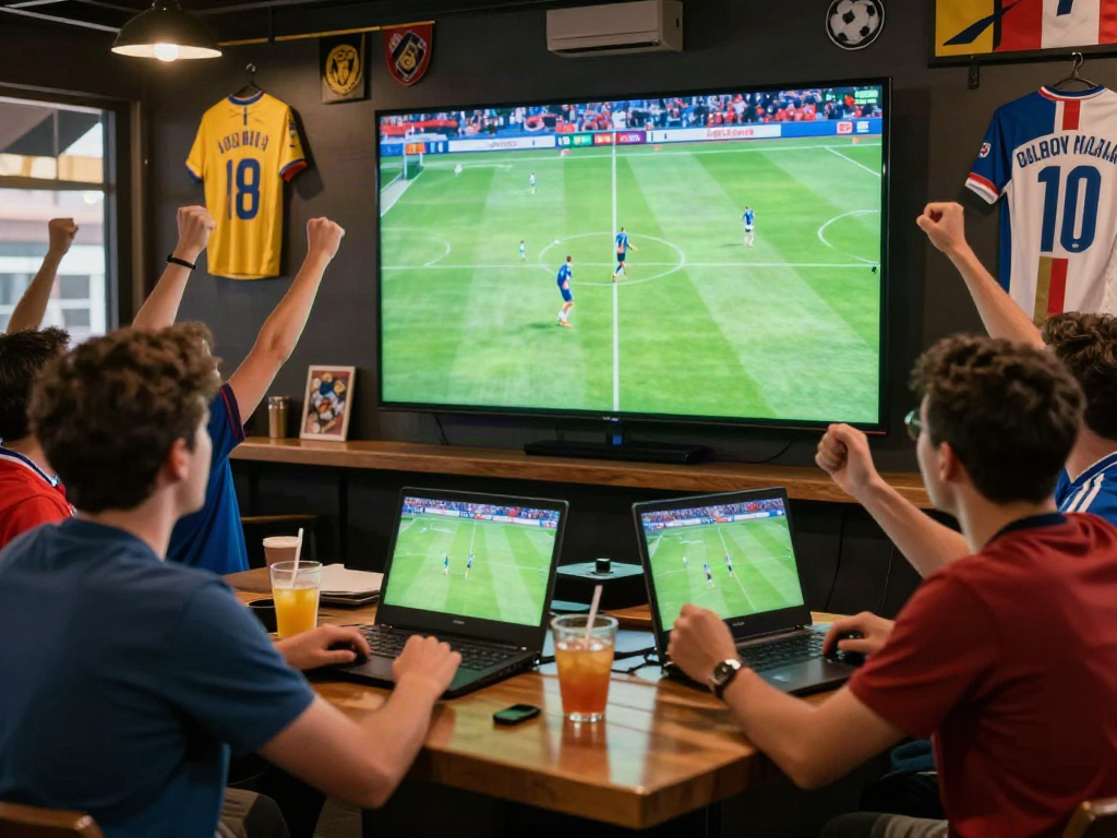 Enthusiastic fans at WWBOLA watching live soccer matches in a vibrant sports bar.