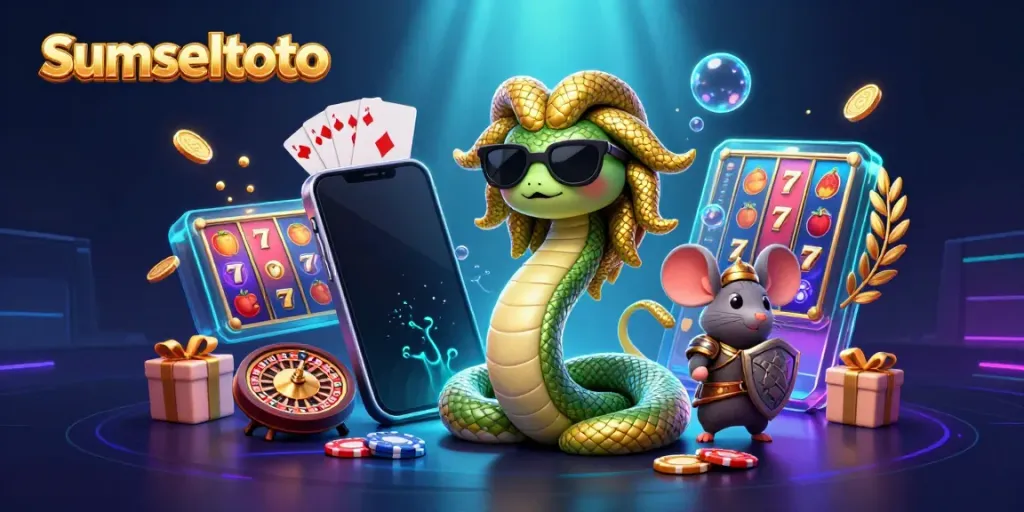 Experience winning moments with sumseltoto's vibrant 3D gaming illustration featuring dynamic casino elements.