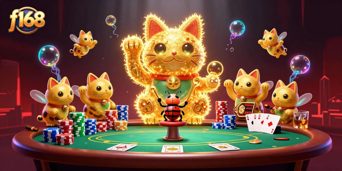 Experience thrilling moments at f168 with a lucky cat made of golden fireflies amidst poker elements.