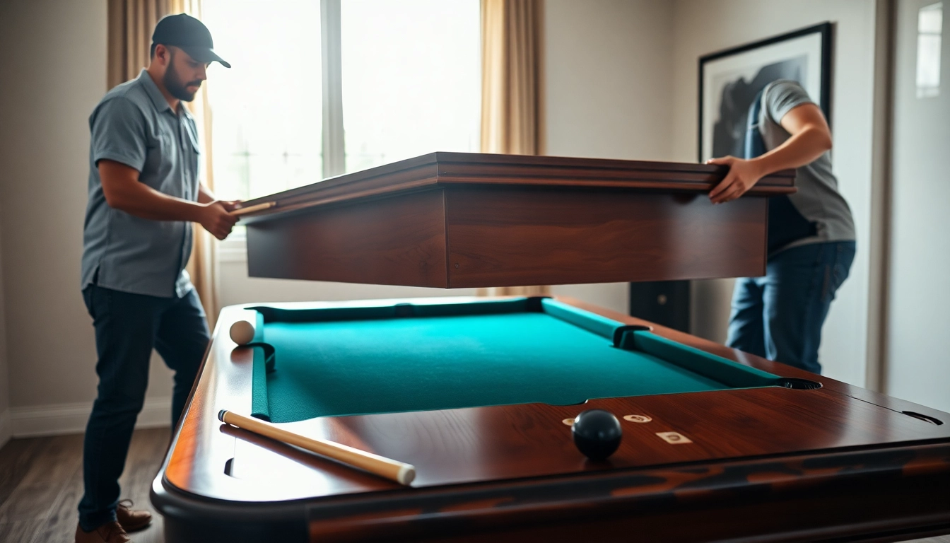 Expert pool table movers dallas carefully setting up a high-quality pool table.