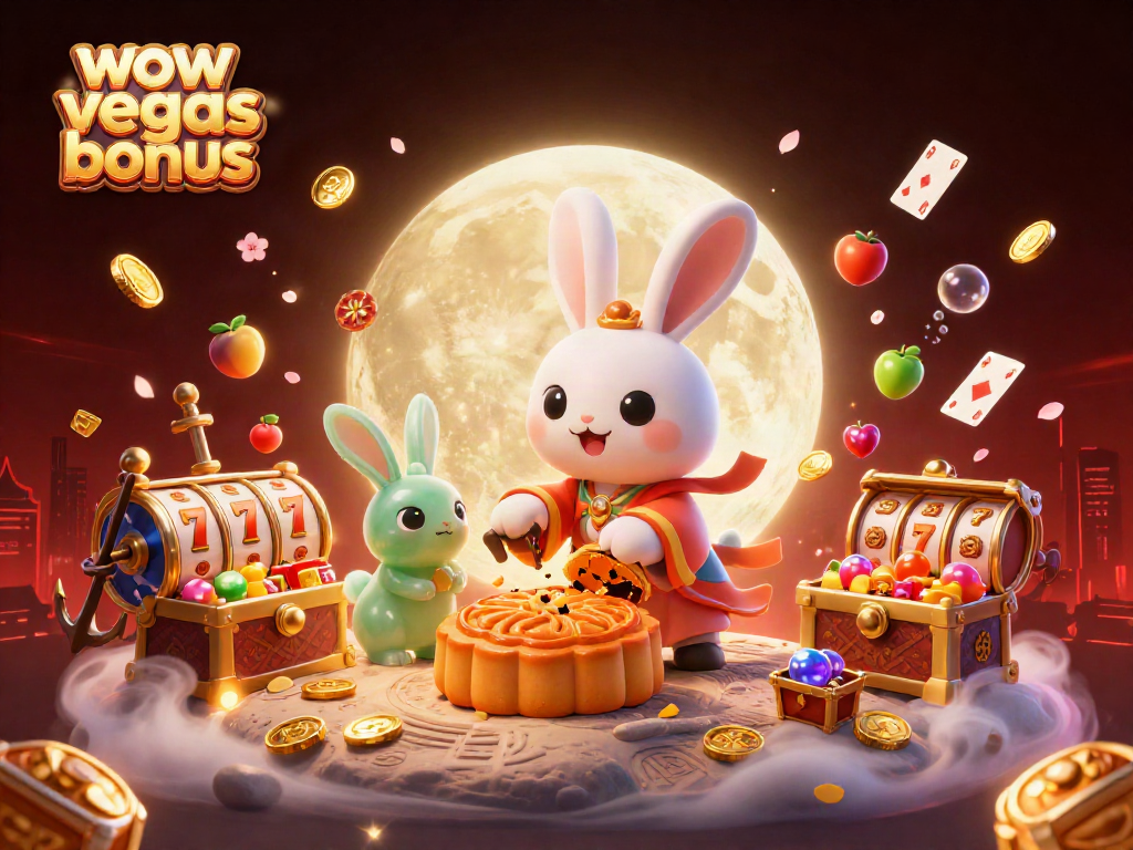 Spin the reels with the amazing wow vegas bonus, featuring a 3D moon rabbit revealing poker chips.
