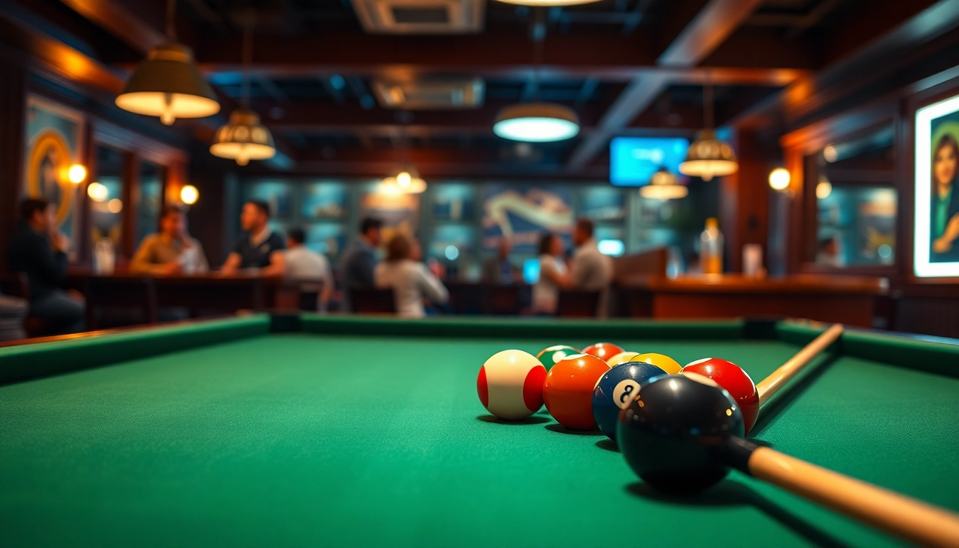 Billiards game setup showcasing colorful balls on a pool table in an inviting setting.