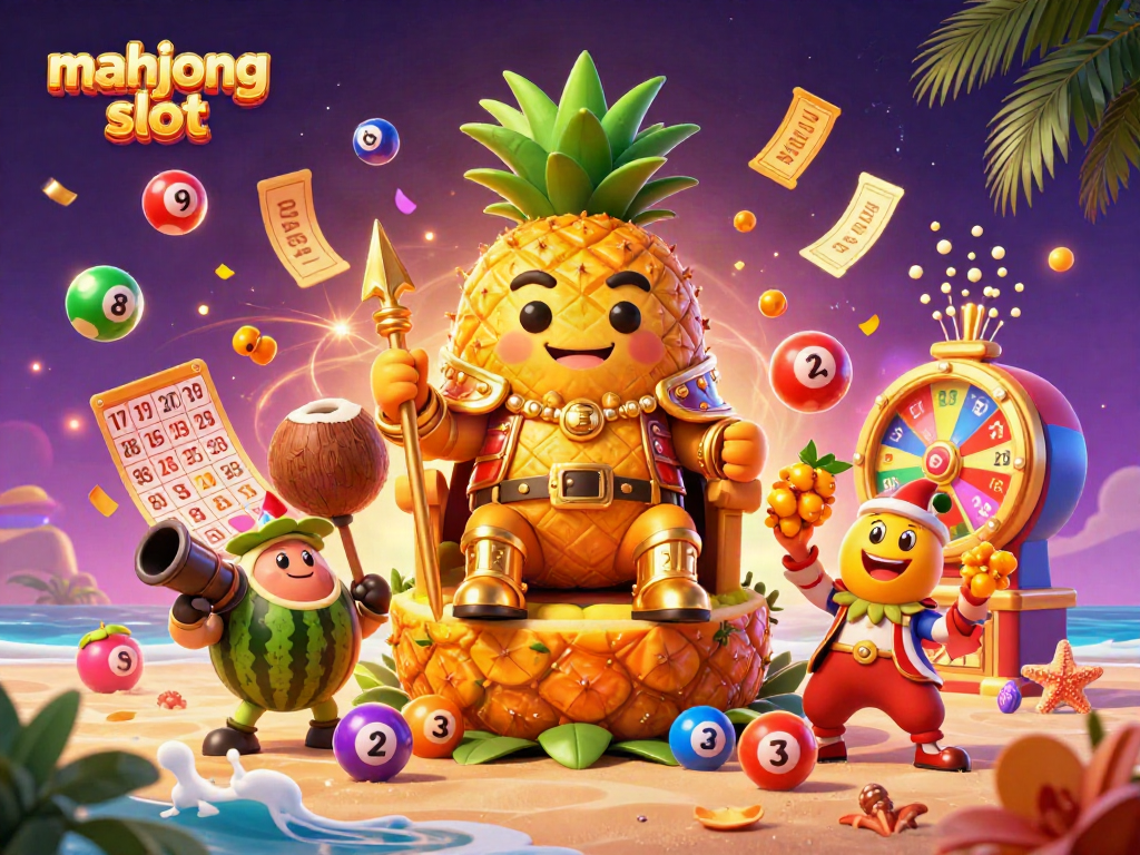 Engage with the exciting mahjong slot scene featuring a golden pineapple king and lively characters.