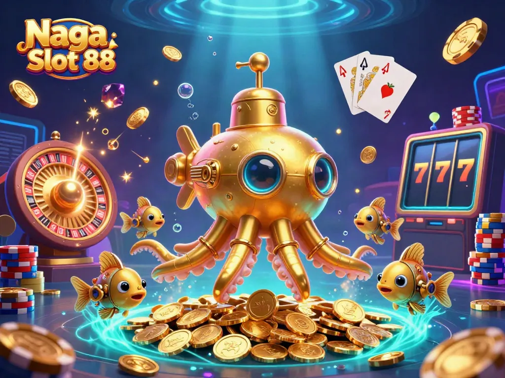 Naga Slot 88 immersive scene featuring a golden kraken submarine and mechanical fish amidst cascading coins and gems.