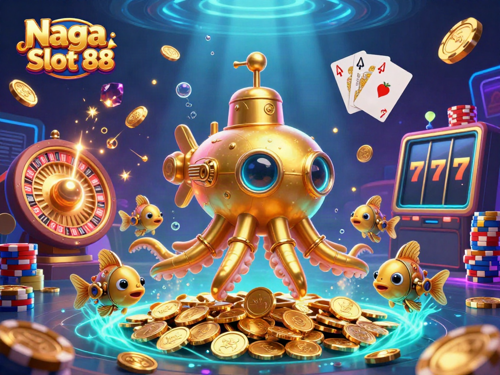 Naga Slot 88 immersive scene featuring a golden kraken submarine and mechanical fish amidst cascading coins and gems.