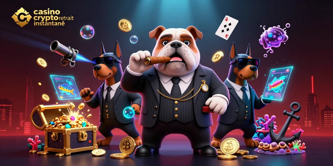Illustration d'un casino crypto retrait instantané mettant en scène un bulldog mafieux avec des dobermans, entourés de pièces de cryptomonnaie.