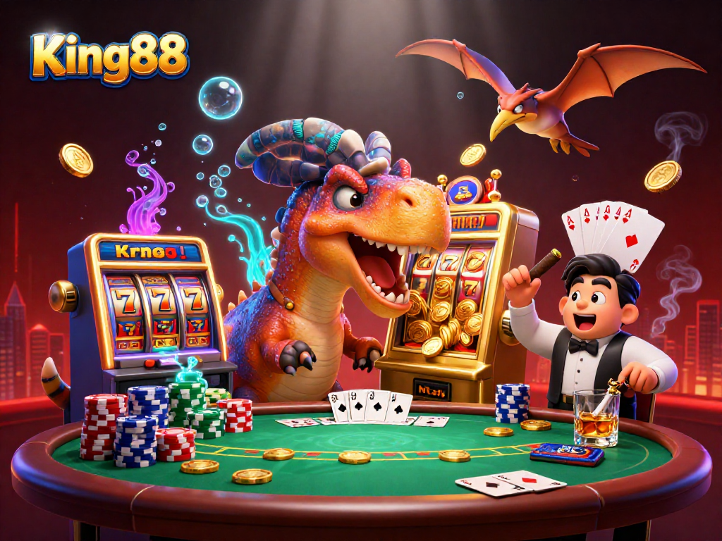 King88 celebration scene with animated dinosaurs winning jackpots and catching coins amid vibrant casino elements.