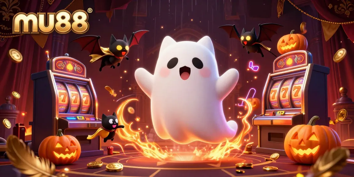 mu88 casino illustration featuring a ghost cat, bat companion, and glowing jack-o-lanterns.
