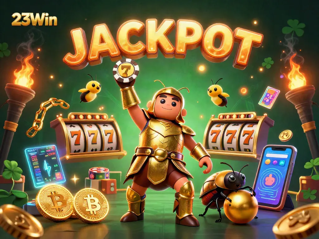 Experience a thrilling moment at 23Win as hercules beetle celebrates a jackpot win in a colorful casino scene.