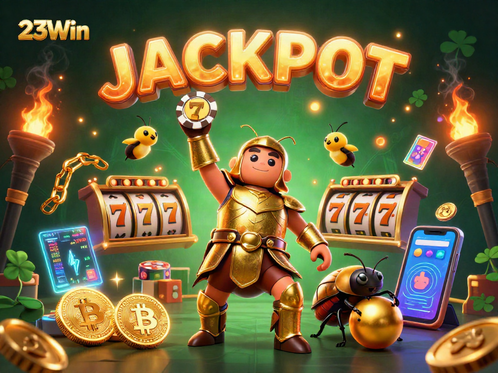 Experience a thrilling moment at 23Win as hercules beetle celebrates a jackpot win in a colorful casino scene.