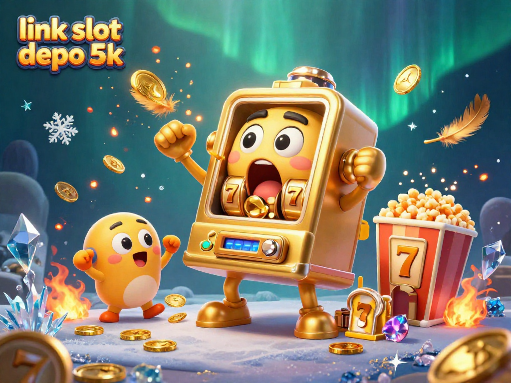 Winning slots at link slot depo 5k with a golden machine celebrating a jackpot.