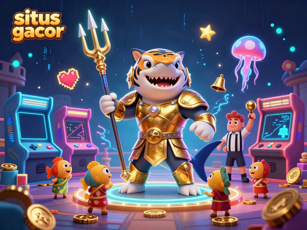 Experience the thrill of situs slot gacor with a dynamic underwater colosseum scene featuring a tiger shark in gladiator armor.