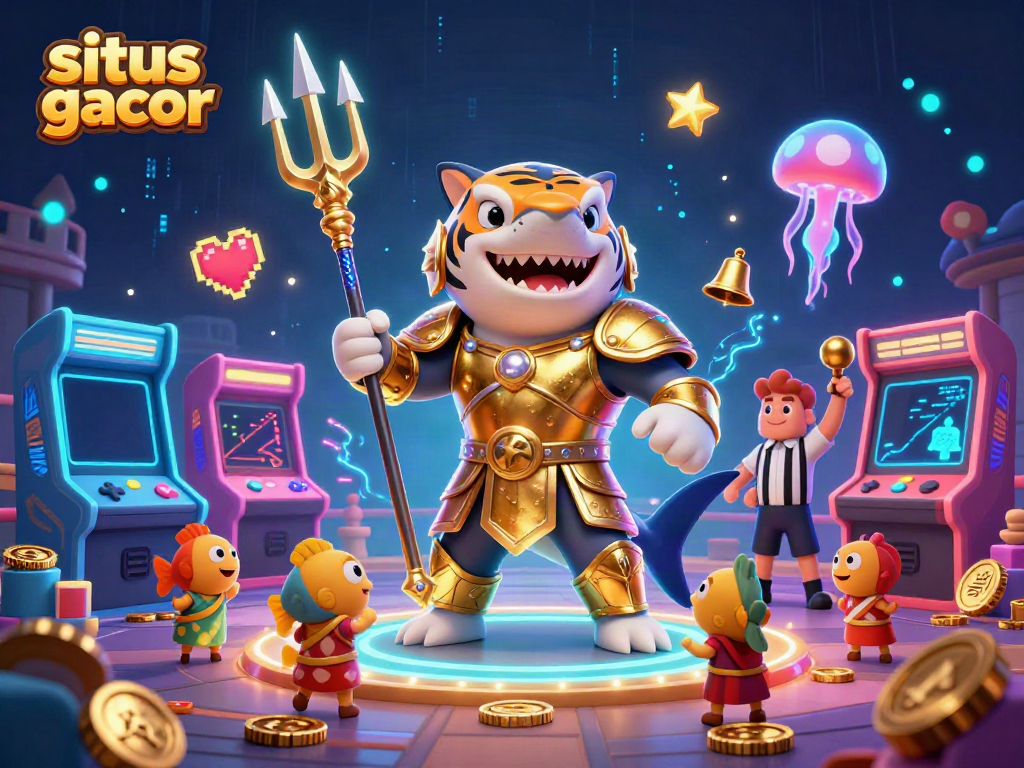 Experience the thrill of situs slot gacor with a dynamic underwater colosseum scene featuring a tiger shark in gladiator armor.