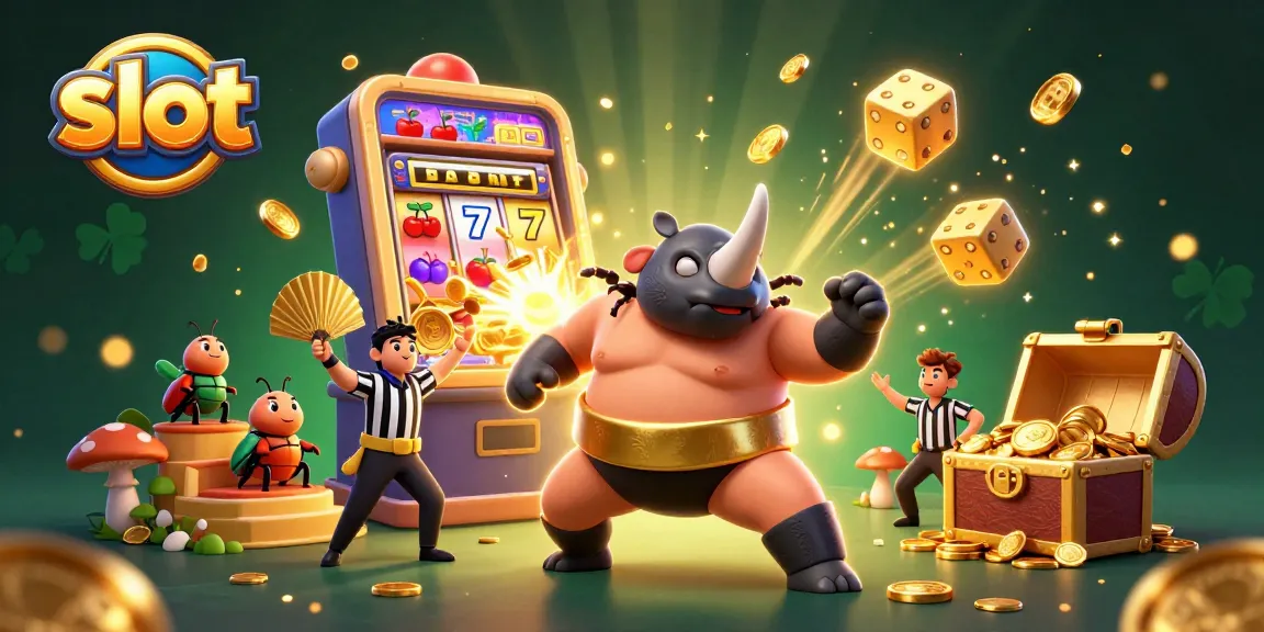 Experience the thrill of slot games with our cartoon beetle champion celebrating a jackpot win.
