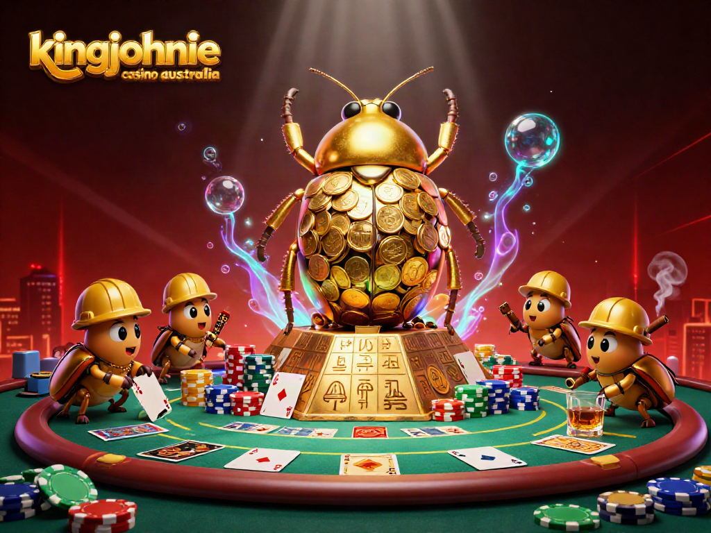 Experience kingjohnnie casino australia with a vibrant 3D cartoon scene featuring golden beetles and poker elements.