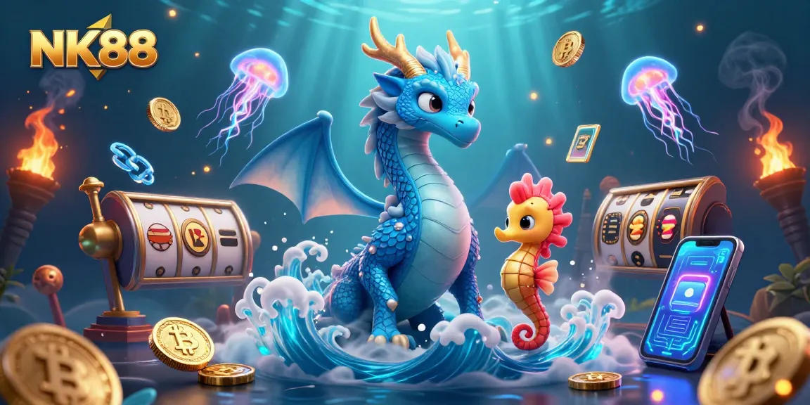 Engage with NK88's vibrant underwater casino adventure featuring a majestic dragon and seahorse knight.