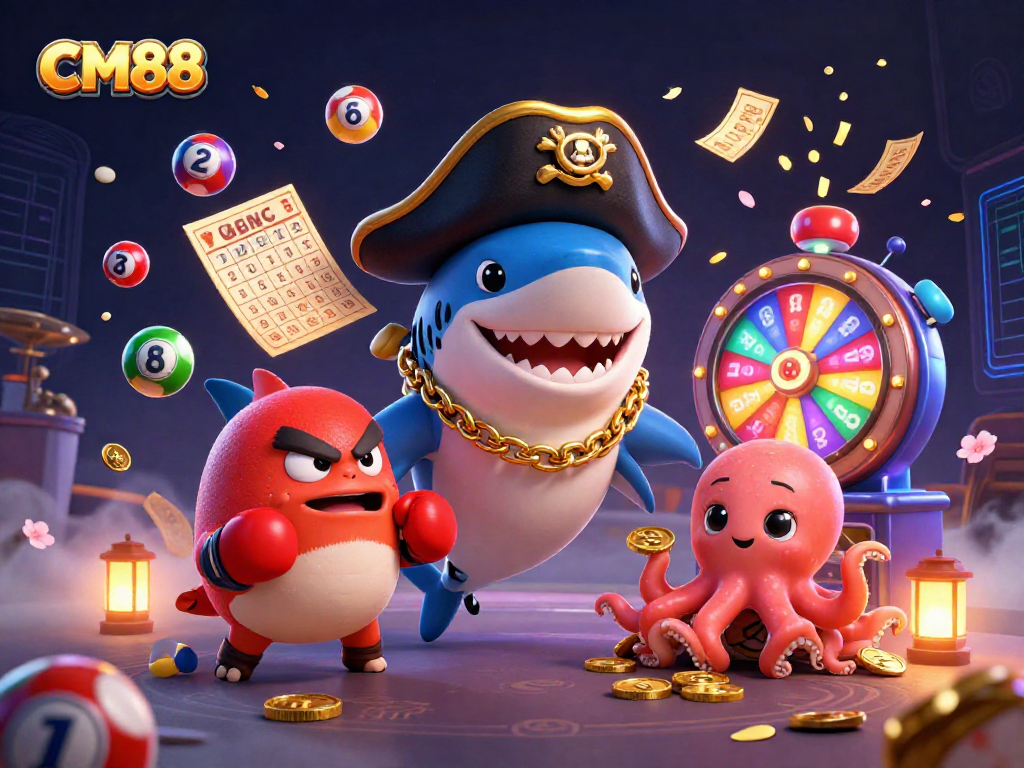 Engage in the thrilling world of CM88 with a pirate shark, pufferfish, and octopus amidst dynamic lottery elements.