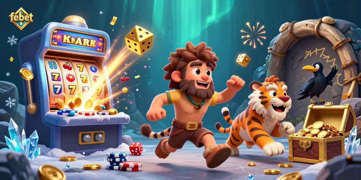 Experience the exciting world of gambling at febet with a lively prehistoric casino scene featuring a caveman, sabertooth tiger, and unique games.