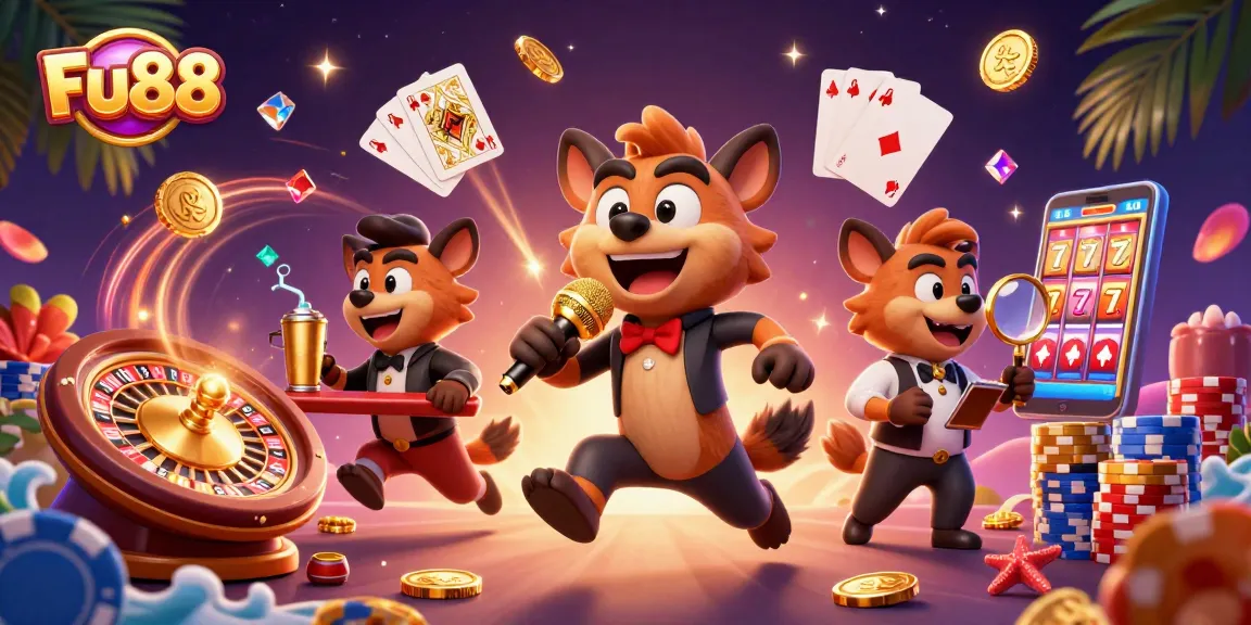 Join the fun at Fu88 with lively hyenas in a vibrant comedy casino setting.