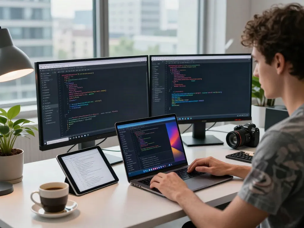 Focused developer enhancing v2rayN官网 application on dual screens in modern office
