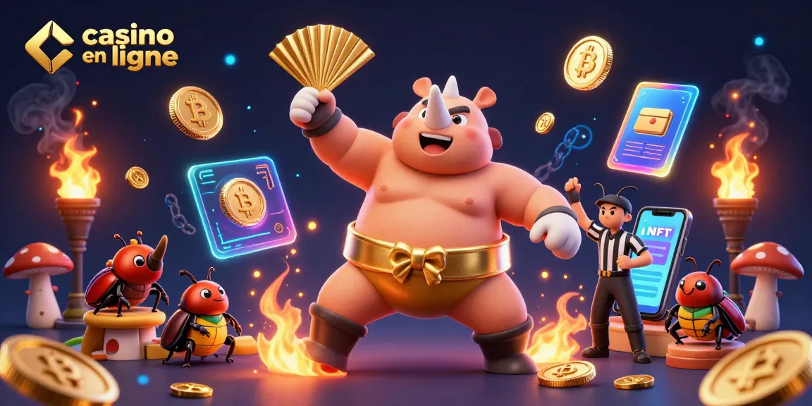 Admirez un combat de sumo incroyable entre des insectes, illustrant le casino en ligne avec des pièces de crypto à l’horizon.