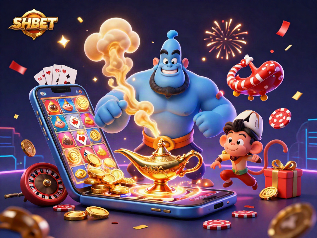 SHBET captivates players in a vibrant 3D casino scene with a blue genie and golden treasures.