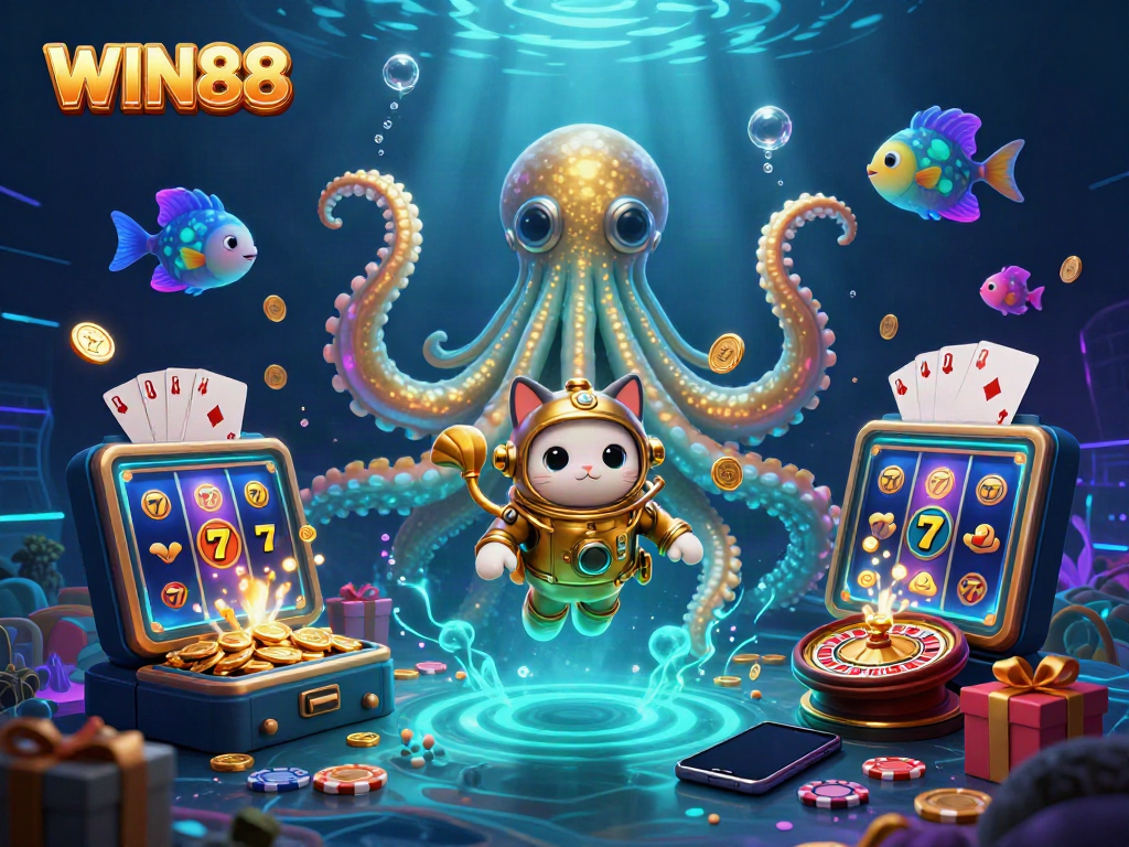 Spinning slot reels and golden coins erupting in WIN88-themed underwater treasure scene.