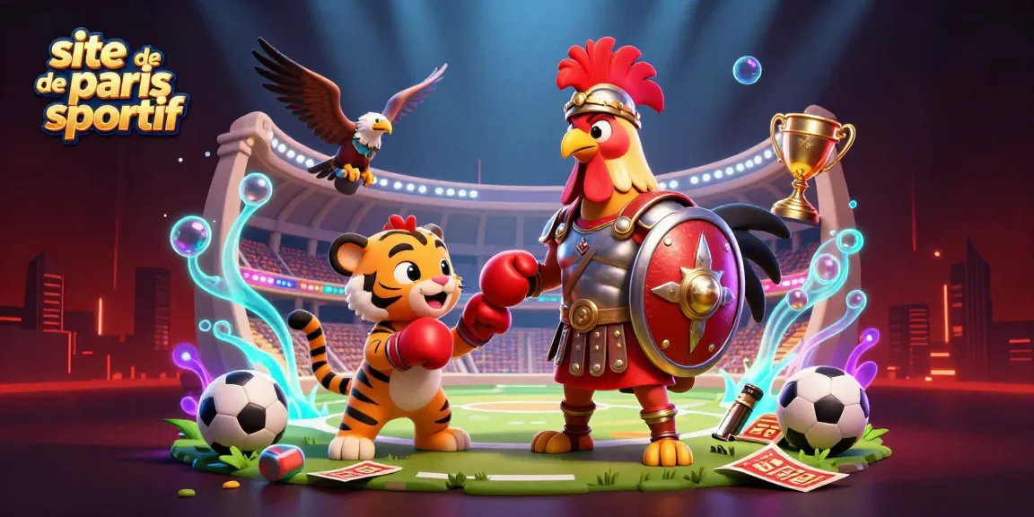 Illustration dynamique représentant un coq gladiateur et un tigre en boxe autour d'éléments de paris sportifs sur le site de paris sportif.