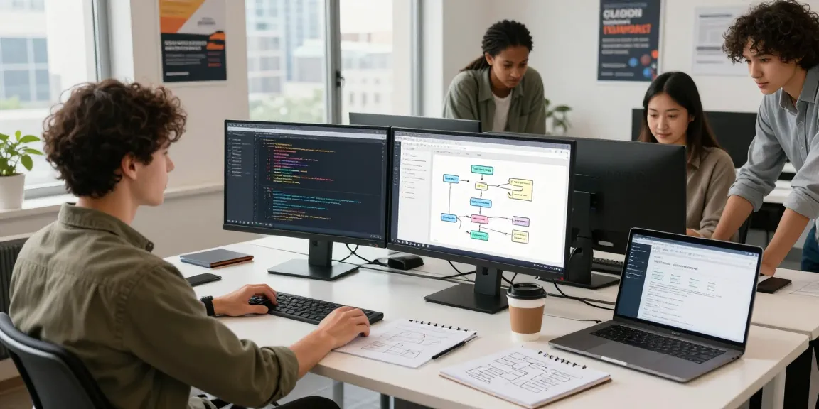 Build internal tools with AI in a dynamic software development workspace with a diverse team collaborating.