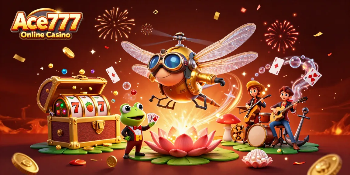 Ace777 Online Casino features a vibrant 3D scene with a dragonfly pilot and frog croupier amid exciting game elements.