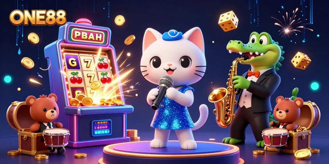 Experience the thrill of ONE88 with a jazz-singing cat and vibrant casino elements.