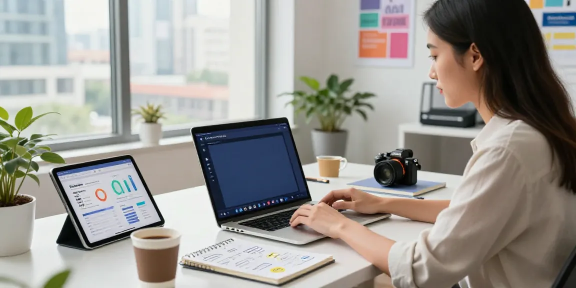 Woman using an AI Facebook ad copy generator in a vibrant office workspace.
