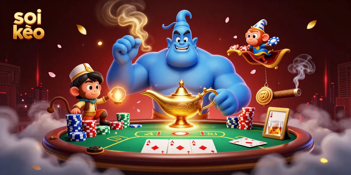 Engage in thrilling soi kèo moments with a dynamic scene of a genie, monkey, and poker elements.